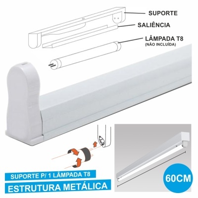 Estrutura metálica branca para lâmpada T8, 60 cm, com suporte e texto explicativo em português.