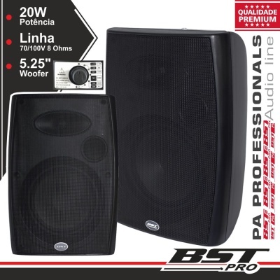 Colunas preto BST Pro com especificações técnicas visíveis e selo de qualidade premium