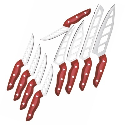 Conjunto de facas com lâminas em aço inoxidável e cabos vermelhos