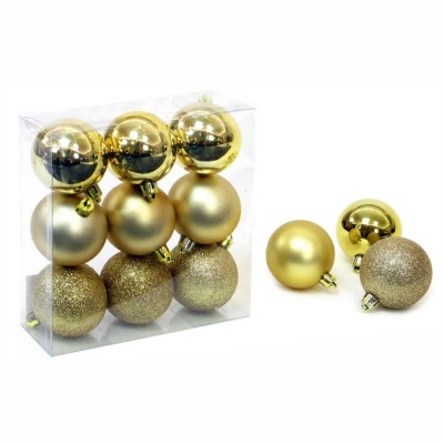 Conjunto de bolas de Natal douradas com acabamentos variados, embaladas numa caixa transparente