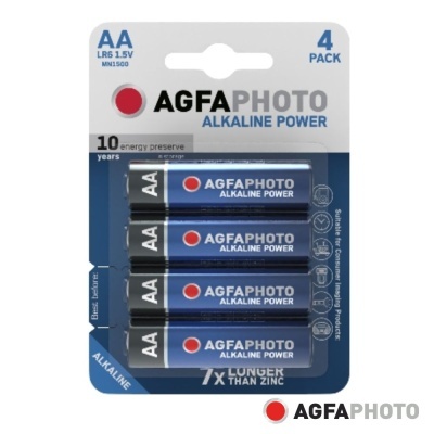 Pack de 4 pilhas AA AGFAPHOTO Alkaline Power em embalagem
