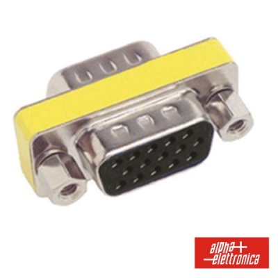 Adaptador VGA amarelo com conectores metálicos e logo alpha elettronica