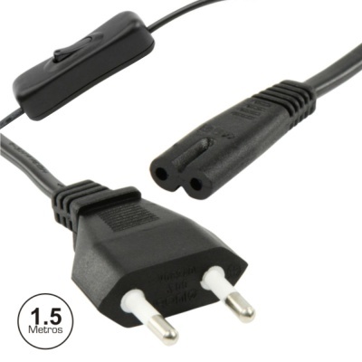Cabo de alimentação preto com ficha de dois pinos e interruptor
