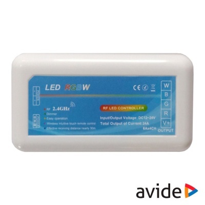 Controlador LED RGBW branco com etiqueta azul e branca, marca Avide