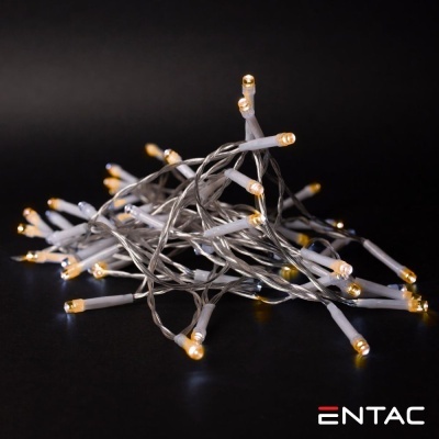 Conjunto de luzes LED com fios prateados e luzes amareladas da marca ENTAC sobre fundo preto