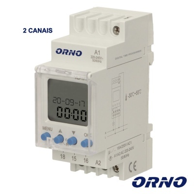 Temporizador digital branco ORNO modelo A1 com display e botões azuis