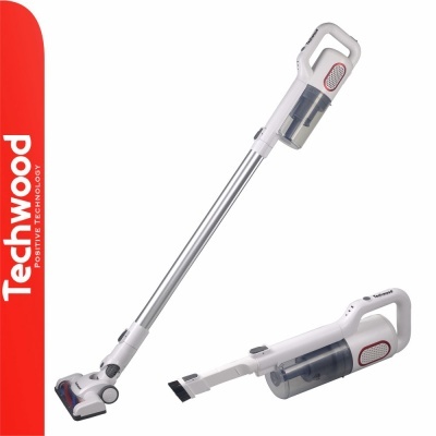 Aspiradores sem fios Techwood branco e cinza, um vertical com tubo e um de mão.