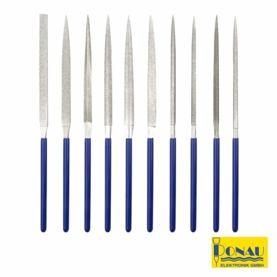 Conjunto de 10 limas de agulha com cabo azul e logótipo Donau Elektronik GmbH