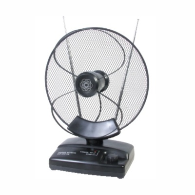 Antena interior de televisão preta com estrutura circular e base com botões