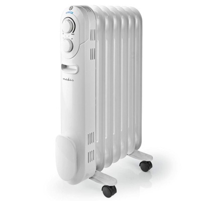 Aquecedor a óleo branco com rodas e controlos rotativos