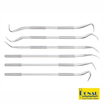 Conjunto de seis instrumentos metálicos com extremidades curvas e texturizadas, com logótipo DONAU ELEKTRONIK GMBH