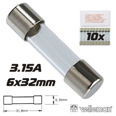 Fusível rápido de vidro 3.15A 6x32mm com embalagem 10 unidades