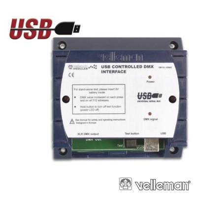 Interface USB CONTROLLED DMX azul com painel branco da Velleman e conexões USB e XLR