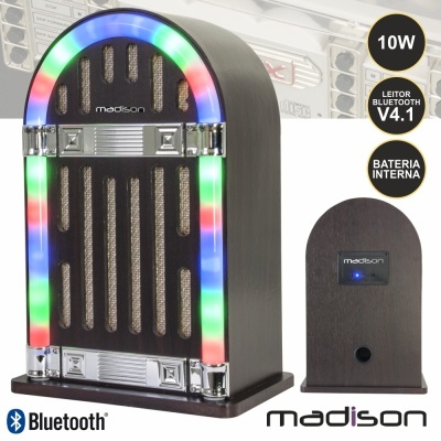 Coluna Bluetooth em forma de jukebox com luzes LED coloridas e estrutura em madeira escura