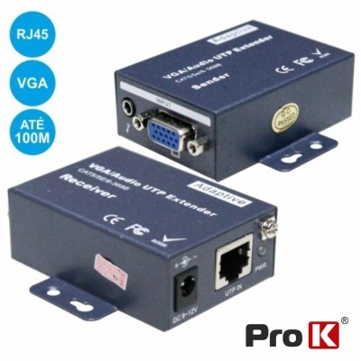 Extensores VGA Áudio UTP ProK em caixa metálica azul com conectores RJ45 e VGA.