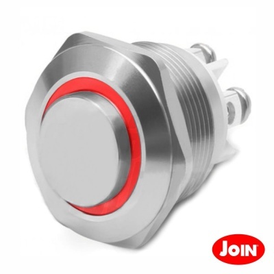 Botão metálico redondo prateado com anel vermelho