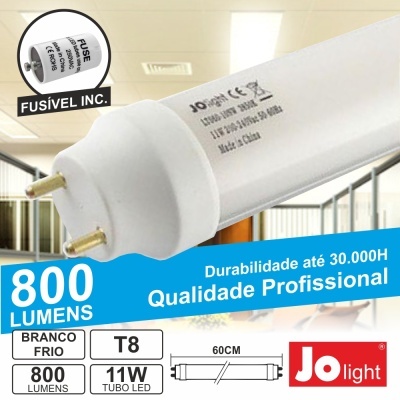 Lâmpada tubo LED T8 branco frio 11W 60cm com etiquetas e informações