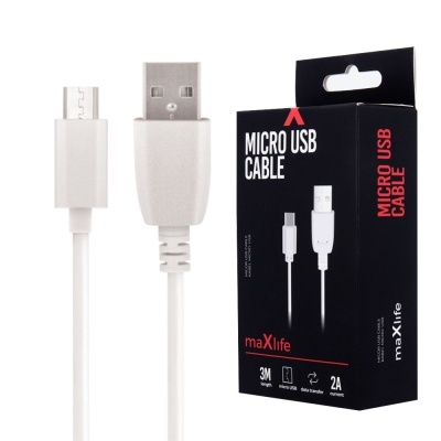 Cabo Micro USB branco com conectores USB e embalagem preta maXlife
