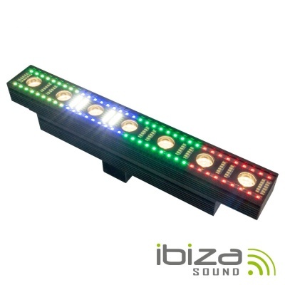 Iluminação LED multicolor com estrutura preta e sete LEDs circulares iluminados.