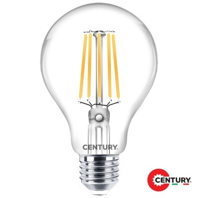 Lâmpada LED filament transparente com base metálica e texto CENTURY