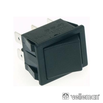 Interruptor de balancim preto com quatro terminais metálicos e logótipo Velleman