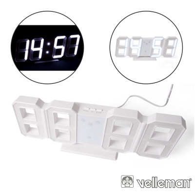 relógio digital LED branco com estrutura plástica e números grandes