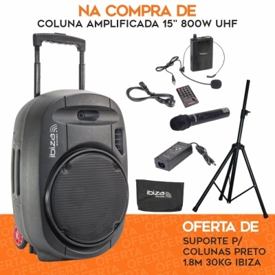 Coluna amplificada preta Ibiza com microfone, suporte, comando e acessórios