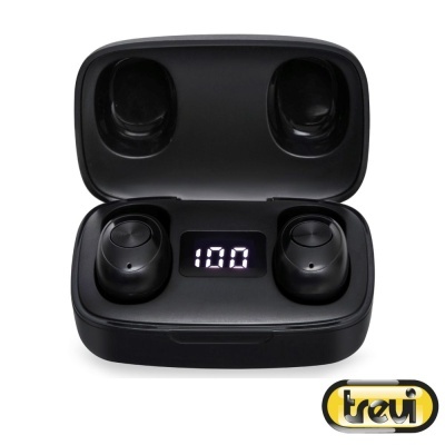 Auscultadores sem fios pretos em estojo preto com visor digital e logótipo Trevi
