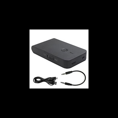 Receptor de áudio Bluetooth preto com cabos pretos em fundo branco
