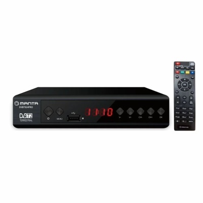 Receptor digital Manta DVB-T421PD preto com visor vermelho e comando remoto preto