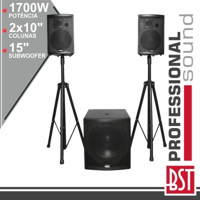 Sistema de som profissional BST com colunas e subwoofer em tripés, potência 1700W, cores preto, branco, cinza e vermelho