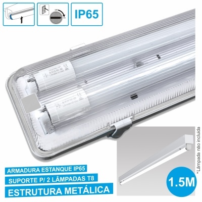 Luminária estanque metálica para 2 lâmpadas T8 com armadura IP65 e 1,5 metros