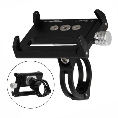 Suporte de telemóvel preto em metal com ajuste em parafuso prateado