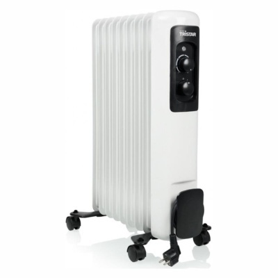 aquecedor elétrico de óleo branco com painel preto e rodas