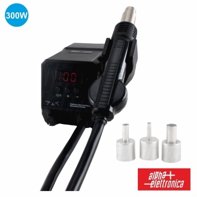 Estação de ar quente preta com bicos metálicos e ecrã digital