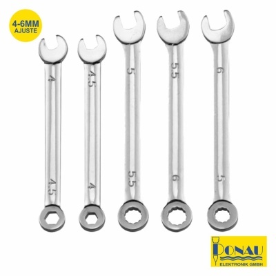 Conjunto de cinco chaves combinadas metálicas com tamanhos visíveis e etiquetas amarelas com texto