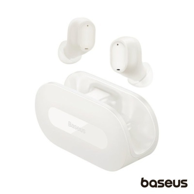 Auriculares True Wireless Baseus brancos com estojo de carregamento.