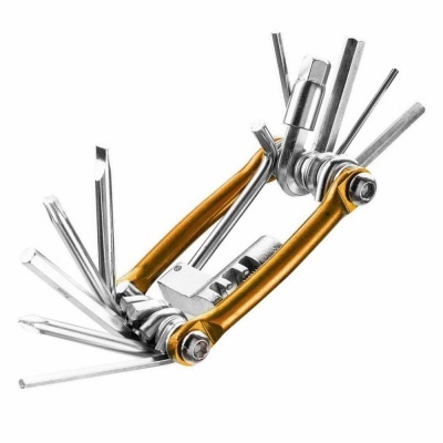 Conjunto de ferramentas multiusos para bicicleta com estrutura metálica e braços laranja