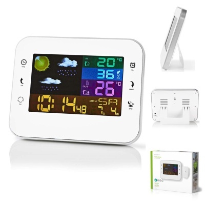 Relógio digital colorido com termómetro e higrómetro em suporte branco