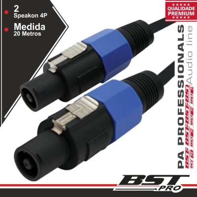 Cabo Speakon 4P preto e azul para áudio profissional, 20 metros, marca BST PRO.