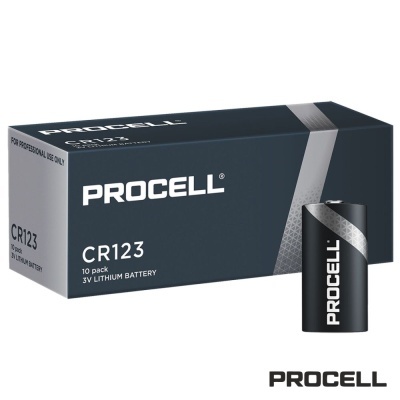 Bateria PROCELL CR123 com embalagem preta e cinzenta