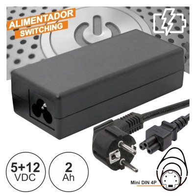Carregador alimentador switching preto com cabo de alimentação e conector Mini DIN 4P