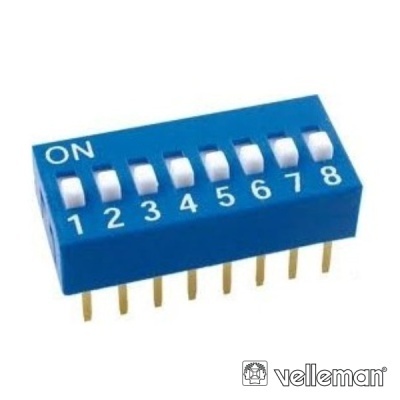 Interruptor DIP azul com oito interruptores brancos numerados 1 a 8 e texto ON