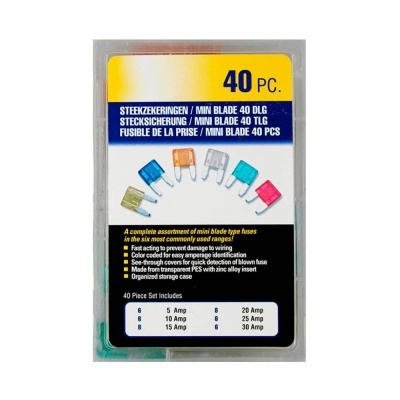Embalar de 40 fusíveis de lâmina mini multicolor com texto informativo