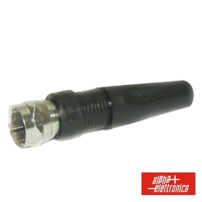 Conector coaxial F macho preto e metálico com logótipo alpha elettronica