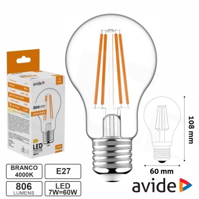 Lâmpada LED E27 com filamentos laranja e embalagem avide