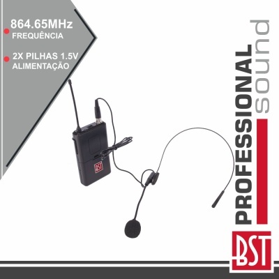 Microfone de cabeça profissional preto com transmissor e detalhes em vermelho e branco