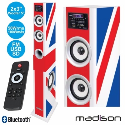 Colunas torre com bandeira do Reino Unido, com painel digital e comando remoto preto.