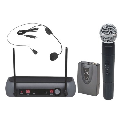 Conjunto de microfone sem fios com microfone de mão, transmissor, recetor e microfone de cabeça
