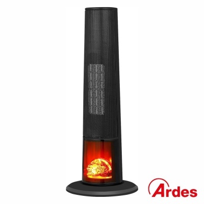 Aquecedor vertical preto Ardes com simulação de chama e base circular